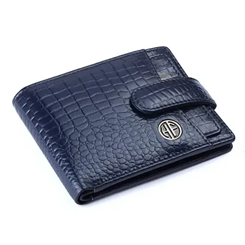 Hammonds Flycatcher RFID Protected Brown Nappa Leather Wallet for Men 5 Card Slots 1 Coin Pocket 2 Hidden Compartment 2 Currency Slots, Croc Blue, Modern