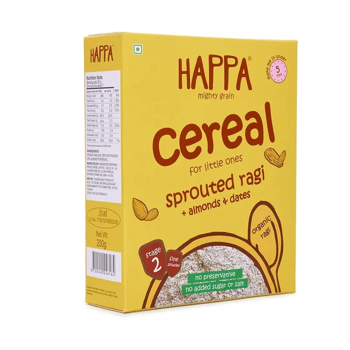 HAPPA Organic Baby Food Sprouted Ragi & Almonds + Dates Porridge Calcium Booster – Bone Strength Instant Health Food 100% Natural, Organic Khichdi No Added Salt, Sugar Or Milk 200Gm