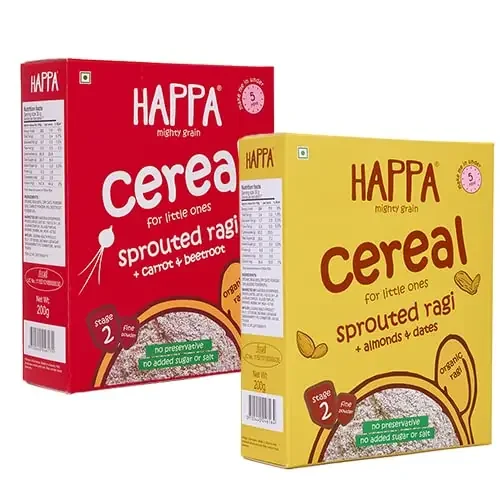Happa Organic Cereal Sprouted Ragi – Ragi and Ragi – Carrot – Beetroot Calcium Booster – Bone Strength Organic Khichdi No Added Salt, Sugar or Milk No preservatives Pack of 2 (200gm x 2) (400 G, Ragi + Almond + Dates)