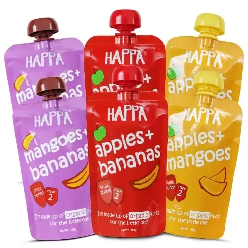 Happa Organic Food, Favourite Fruits Variety Pack (Apple+ Mango, Mango + Banana, Apple + Banana), 100 Gram Pouch, Pack of 6