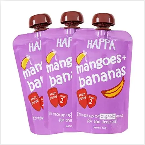 Happa Organic Food for Little one, Fruit Puree (Mango+Banana) Stage 2, 3 Pouches, 100 Gram Each