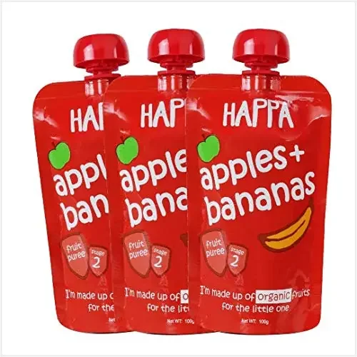 Happa Organic Food, Fruit Puree (Pack of 3, Apple + Banana) Stage 3, 3 Pouches, 100 Gram Each