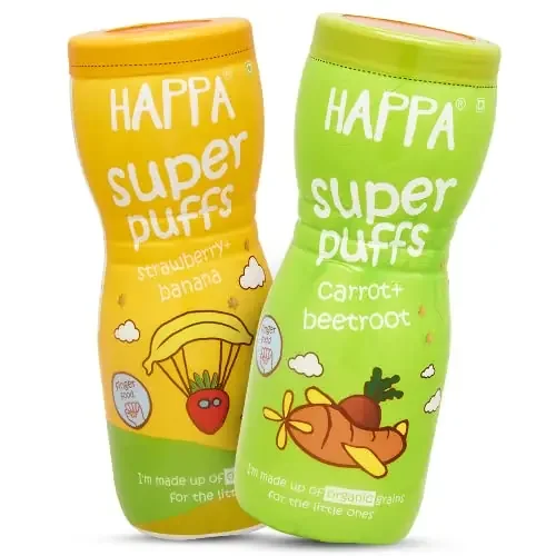 Happa Organic Multigrain Strawberry Banana & Carrot Beetroot Melts Teething Puffs Nutritious, Organic Baby Food and Snacks No Artificial Flavours Not Fried No Rice Bran Oil Pack of 2