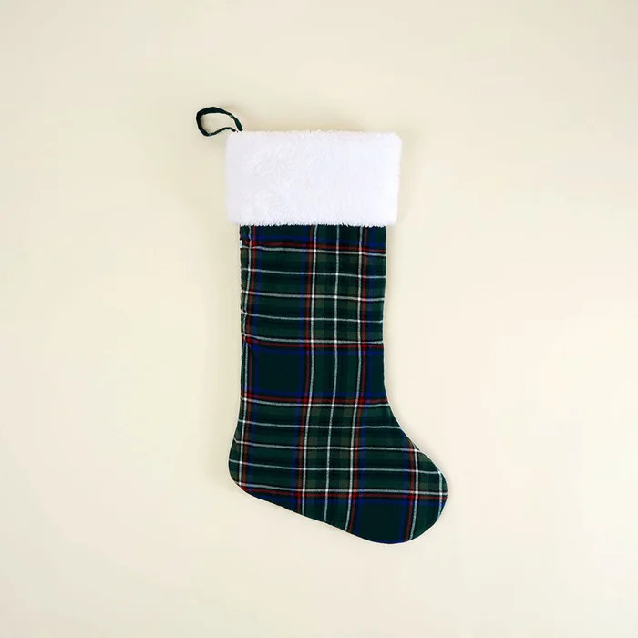 Holiday Green Christmas Green Tartan Plaid Flannelette Poshmas Stocking | Posh Peanut®