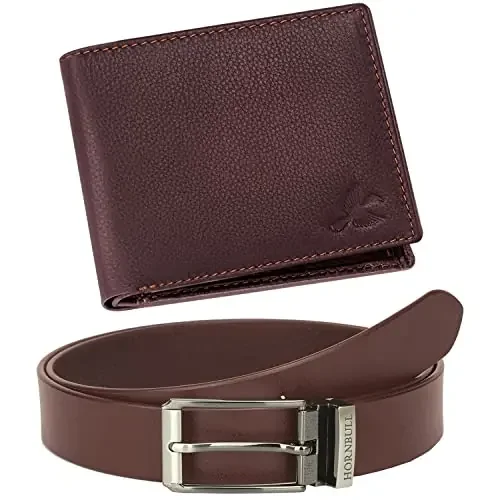 HORNBULL Men‘s Leather Bi-Fold Wallet and Belt Combo Set (Brown BW92117) GLD9285 Two Fold Wallet
