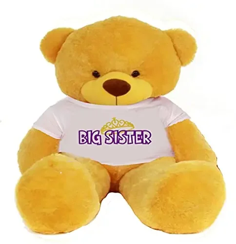 HUG ‘n‘ FEEL SOFT TOYS Big Teddy Bear 3 Feet Long Wearing A Big Sister T-Shirt Plush & Stuffed Toys (Bear 121 cm) with Free Heart Shape Pillow Yellow