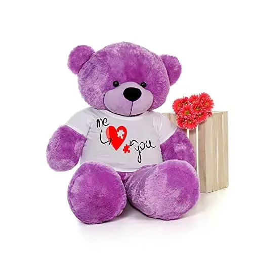 HUG ‘n‘ FEEL SOFT TOYS Big Teddy Bear 4 feet Long Wearing A Valentine Day T-Shirt Plush & Stuffed Toys (Bear 121 cm) with Free Heart Shape Pillow Purple