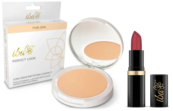 Iba Halal Care Pure Lips Moisturizing Lipstick Shade, A85 Pink Nectar, 4g & Iba Halal Care Perfect Look Long Wear Mattifying Compact, Snow White, 9 g