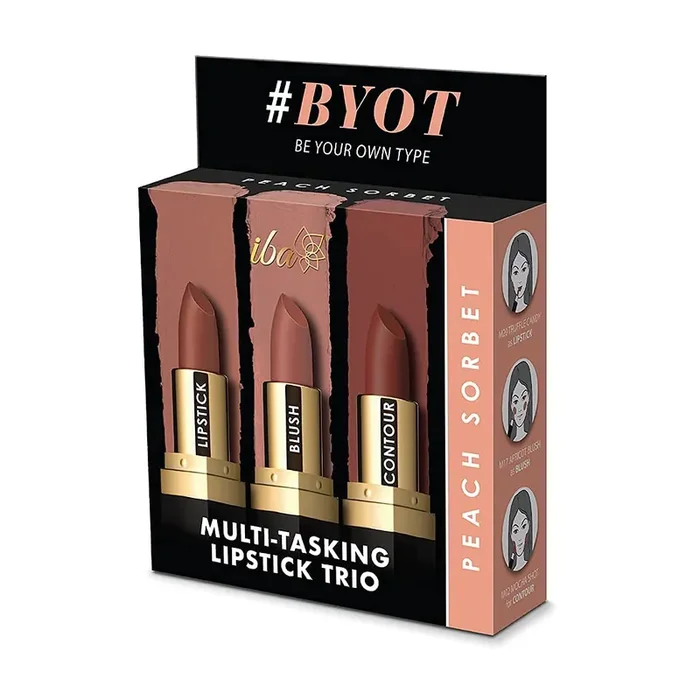 Iba Multi-Tasking Lipstick Trio – Peach Sorbet, Lipstick, Blush, Contour Brown Matte, 12g (Pack of 1) Halal Certified & Vegan Makeup
