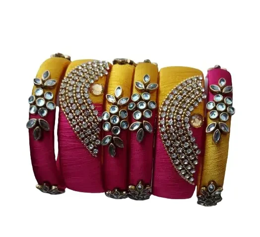IJYA Sihan Handicrafts Kundan Work Silk Thread Bangle Kada For Women Girls 6 PC Set Wedding & Festive Occasion Handmade Multicolored Chudi Stone Studded 2.8 Metal Agate