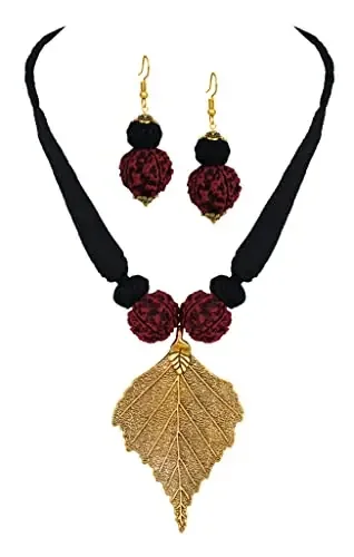 JFL – Jewellery for Less Ethnic Golden ColorLeaf Pendant Rudraksha Cotton Thread Black Ball Handcrafted Necklace Set for Women & Girls.