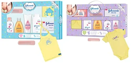 Johnson‘s Baby Care Collection Baby Gift Set with Organic Cotton Baby Dress (8 Pieces) & Baby Care Collection Baby Gift Set with Organic Cotton Baby T-Shirt (7 Pieces) Combo