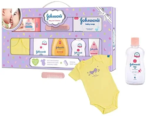 Johnson‘s Baby Care Collection with Organic Cotton Baby Romper (8 Gift Items Purple) & Johnson‘s Baby Skincare Wipes with Lid Pack of 2 72s x 2 (144 Wipes) White Large (Model Baby Wipes)