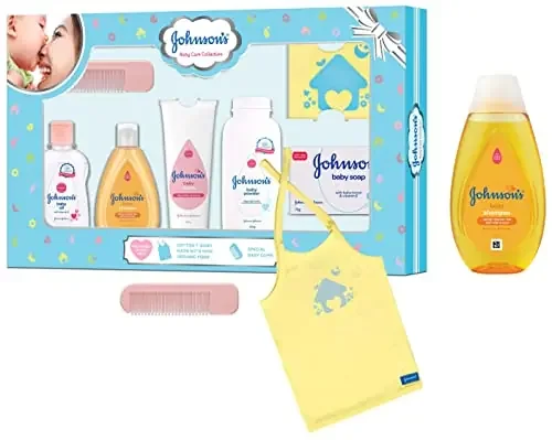 Johnson‘s Baby Care Collection with Organic Cotton Baby Tshirt (7 Gift Items Blue) & Johnson‘s Baby No More Tears Baby Shampoo 200ml