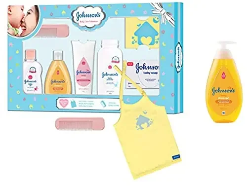 Johnson‘s Baby Care Collection with Organic Cotton Baby Tshirt (7 Gift Items Blue) & Johnson‘s Baby No More Tears Baby Shampoo 500ml