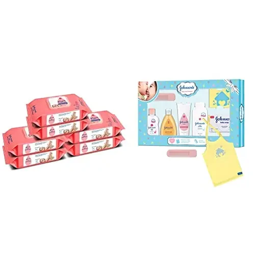 Johnson‘s Baby Skincare Wipes with Lid 72s Twin Pack (Buy 2 Get 1 Free) (432 Wet Wipes) White & Johnson‘s Baby Care Collection with Organic Cotton Baby Tshirt (7 Gift Items Blue)