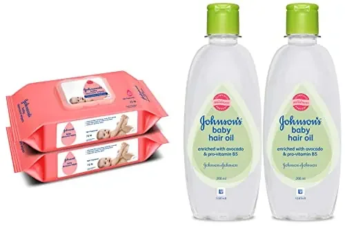 Johnson‘s Baby Skincare Wipes with Lid Pack of 2 72s x 2 (144 Wipes) White Large (Model Baby Wipes) & Johnson‘s Baby Hair Oil 200ml (Pack of 2)