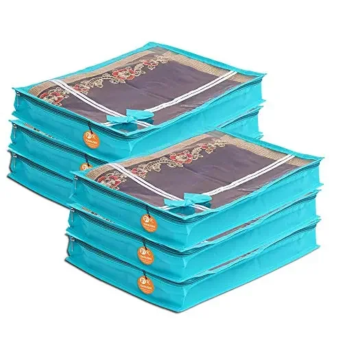 KANUSHIÂ® Set Of 6 Pc Flower Design Transparent Saree Cover/Bag with Stainless Steel Zip Lock Combo(Large) (Light Green)