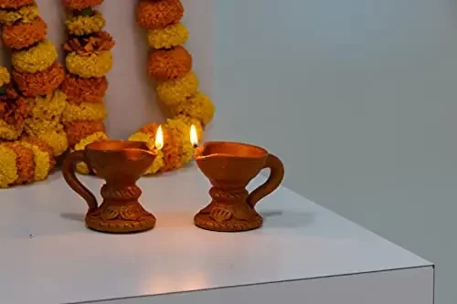 Karru Krafft Handcrafted Terracotta Stand Diya – Set of 2 for Pooja Decor Navaratri Decor Diwali Lighting Diwali Gifting Home Decor