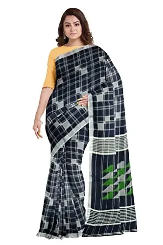 Karru Krafft Handweaving Women‘s Handloom Pure Linen Jamdani Checkered Dark Blue Saree With Blouse Piece for Gifting Festive Saree PartyWare Saree