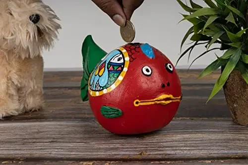 Karru Krafft Potchitra Painted Clay Piggy Bank for Money and Coins Terracotta Coin Bank Mitti ka Gullak Terracotta Clay Gullak/Terracotta Money Bank – Gift Items for Kids & Adults (Red)