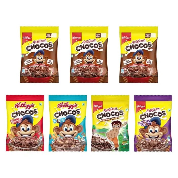 Kellogg‘s Chocos Variety Pack of 7, 140g with Multigrain Source of Calcium, High in Protein, with 10 Essential Vitamins & Minerals, Source of Fibre Breakfast Cereal for Kids