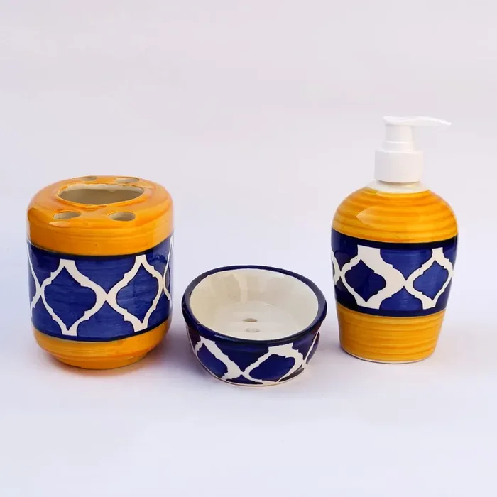 KHURJA POTTERY Moroccan Essentials Handpainted 3 Piece Ceramic Bathroom Accessory Blue – Yellow Liquid Soap Dispenser Soap Tray Toothbrush Holder
