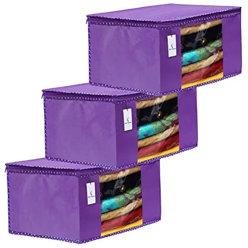 Kuber Industries 3 Piece Non Woven Fabric Saree Cover Set with Transparent Window Extra Large Royal Blue-Ctktc31876