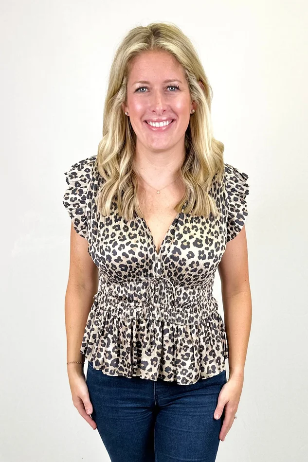 LEOPARD MICRO PLEATED PEPLUM TOP