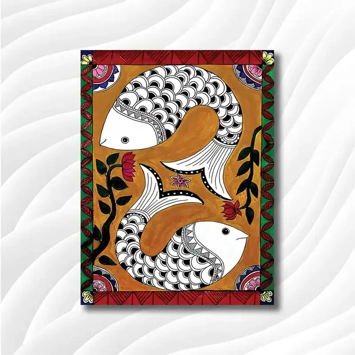 MADHUBANI PAINTINGS – Canvas Painting – Madhubani fish painting – Traditional Art – Abstract Art – Canvas Painting for Home and Office (Cotton Canvas Small Size 15X19 Inches Multicolor)