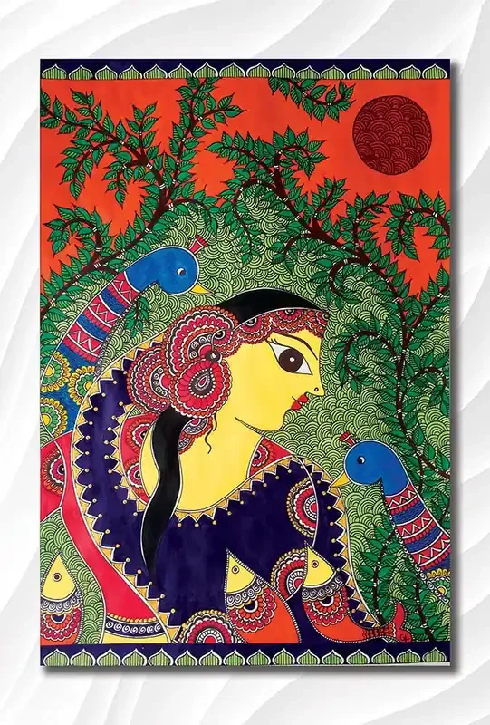 MADHUBANI PAINTINGS Laminated Poster – Girl with Peacock – Traditional Painting – Madhubani Art – Laminated Paper (Laminated Paper Size 12X18 Inches MultiColor)