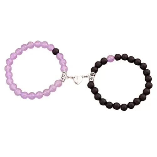 Magnetic Heart Charm Purple & Black Elastic Stone Beads Stylish Couple Love Gifts Friendship Bracelet Combo Set 2, One Size, Crystal, No Gemstone