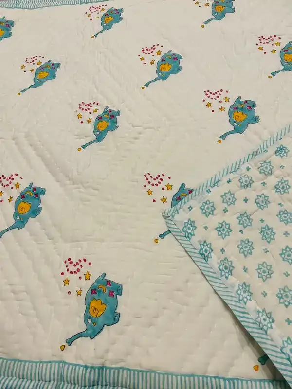 Masu Living Block Print Reversible Quilt- Flying elephants Ideal for upto 7 years age