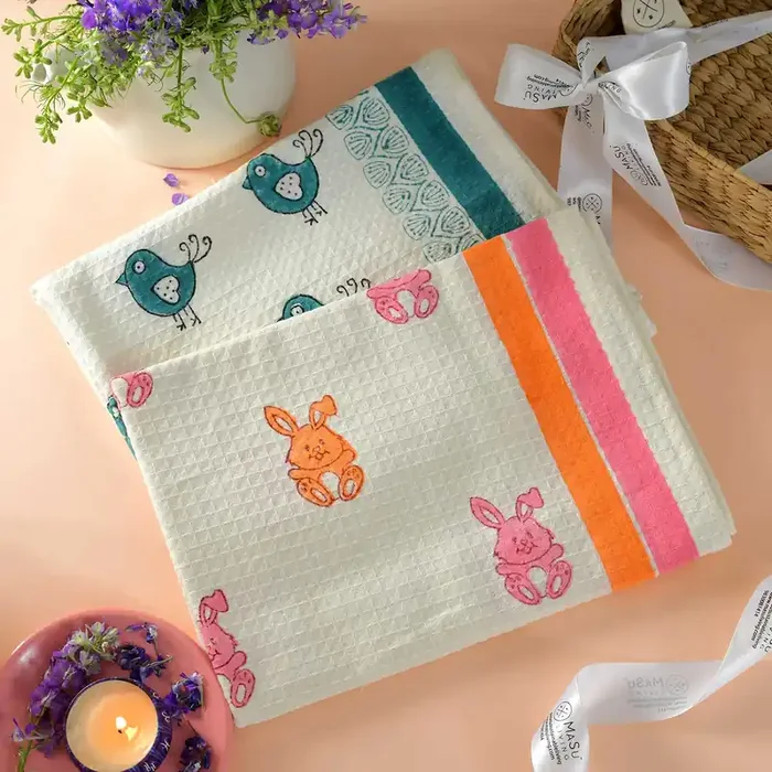 Masu Living Bunny & Blue Bird Bath Towel Quick Dry Super Absorbent – Set of 2