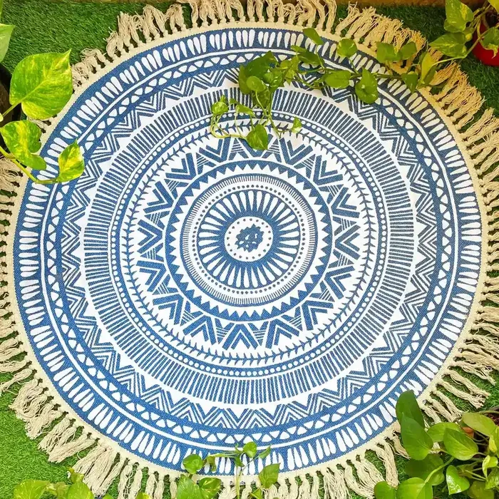 Masu Living Round boho rug/Meditation mat Mandala Print Handcrafted Mat for Living Room Bedroom Kitchen Entryway (Blue & White)