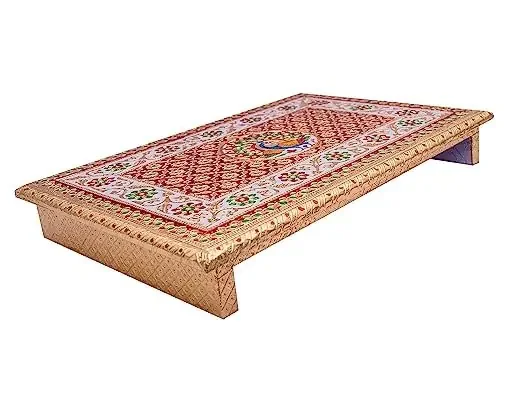 MEENAKARI ENAMEL PRODUCTS Golden MEENAKARI Wooden Pooja PATLA PAAT Peacock Design 12‘ X 18″ INCHES Wooden All Purpose Chowki (Gold)