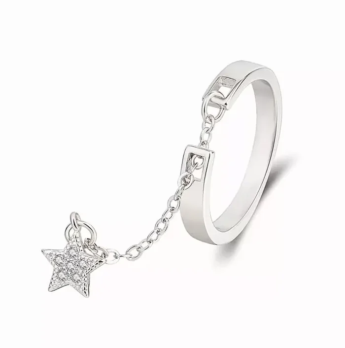 MYKI Cute Chain Star Ring For Women & Girls, Metal, Cubic Zirconia
