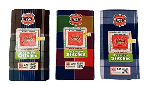 Nandu Brand Men‘s Cotton Stitched Lungi (Pattern May Vary Multicolour Free Size) – Pack of 3