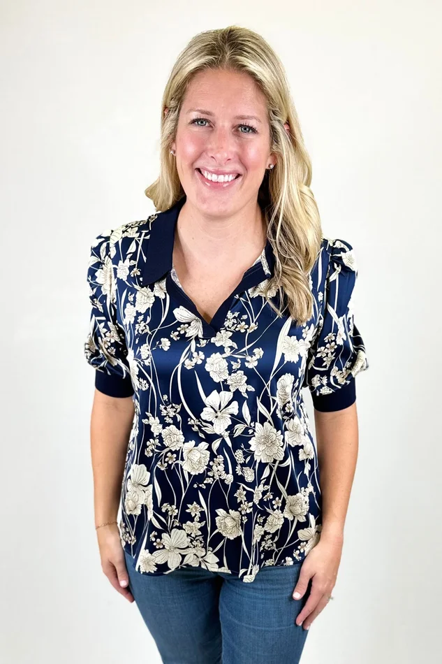 NAVY FLORAL COLLARED TOP