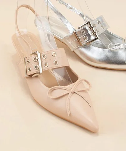 Nude Grommet Buckle Kitten Heel