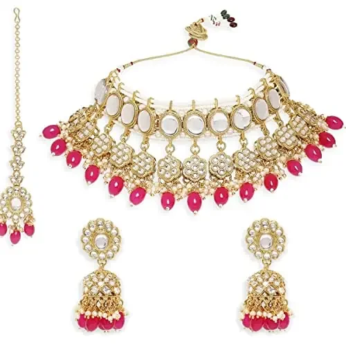 OOMPH Beads & Kundan Ethnic Choker Necklace Set with Jhumka Earrings & Maangtikka For Women & Girls Stylish Latest