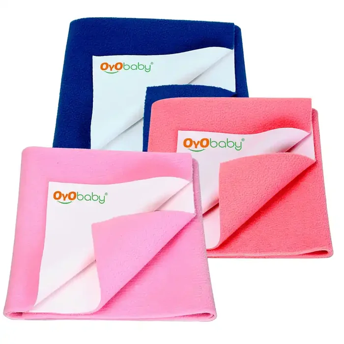OYO BABY Anti-Piling Fleece Extra Absorbent Instant Dry Sheet for Baby, Baby Bed Protector, Waterproof Sheet, Small Size 50x70cm, Pack of 3, Pink, Salmon Rose & Royal Blue