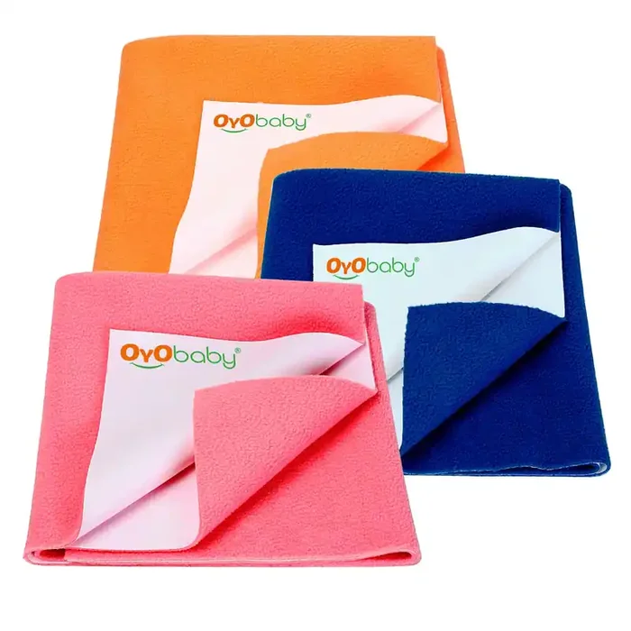 OYO BABY Anti-Piling Fleece Extra Absorbent Instant Dry Sheet for Baby, Baby Bed Protector, Waterproof Sheet, Small Size 50x70cm, Pack of 3, Salmon Rose, Royal Blue & Peach