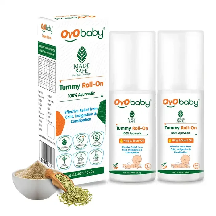 OYO BABY Ayurvedic Tummy Roll-On for Babies Colic Relief, Constipation & Indigestion Hing & Saunf Formula 100% Ayurvedic – 40ml – Pack of 2