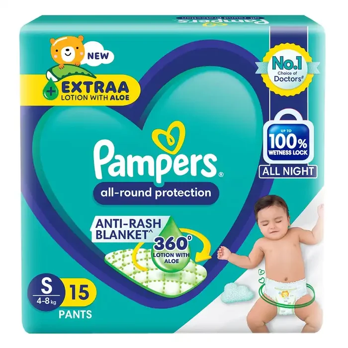 Pampers All Round Protection Pant Style Baby Diapers, Small (S), 15 Count, Anti Rash Blanket, Lotion with Aloe Vera, 4-8 Kg Diapers