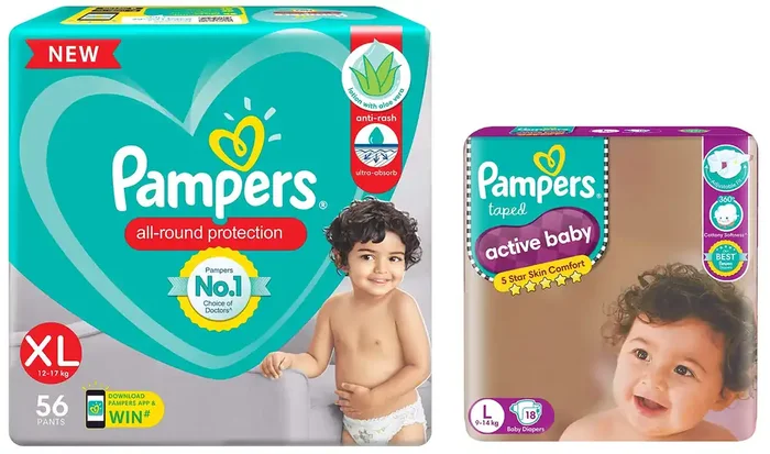 Pampers All round Protection Pants, Extra Large size baby Diapers, (XL) 56 Count Lotion with Aloe Vera & Active Baby Taped Diapers, Large size diapers, (L) 18 count, taped style custom fit