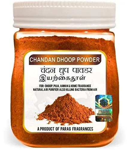 Parag Fragrances Chandan Dhoop Powder for Pooja Hawan Home Fragrance and Dhoop / 180 Gram Pack/with Plate and Cone Maker