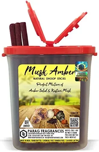 Parag Fragrances Musk Amber Premium Dhoop Sticks 100gm Monthly Pack (No Charcoal No Bamboo Hand Crafted Long Lasting Dhoop Sticks) Dhoop Sticks for Prayer