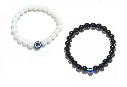 PDY FASHION Evil Eye Hand Bracelet for Luck Bringing and Protection Awesome Jewelry and Gift for Women and Men(Nazar Battu) Pack of 2 black and white
