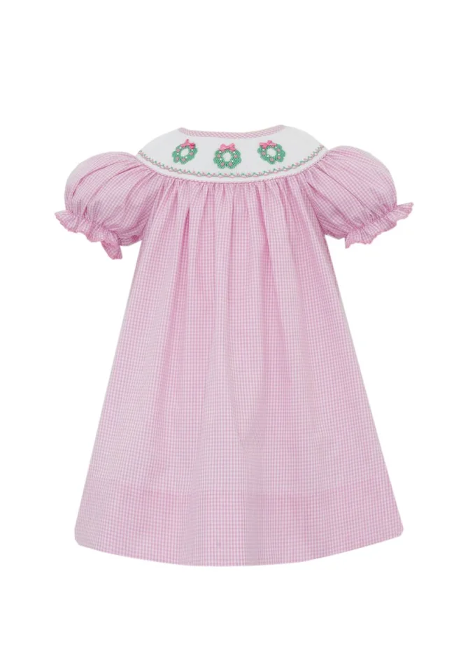 Petit Bebe Smocked Bishop Dress PRE-ORDER PINK WREATHS – Pink gingham